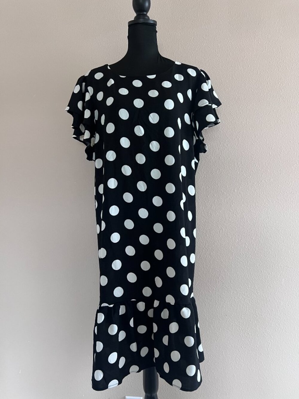 NY Collection - Flutter Sleeve Dress - Black White Polka Dot - Size 2X